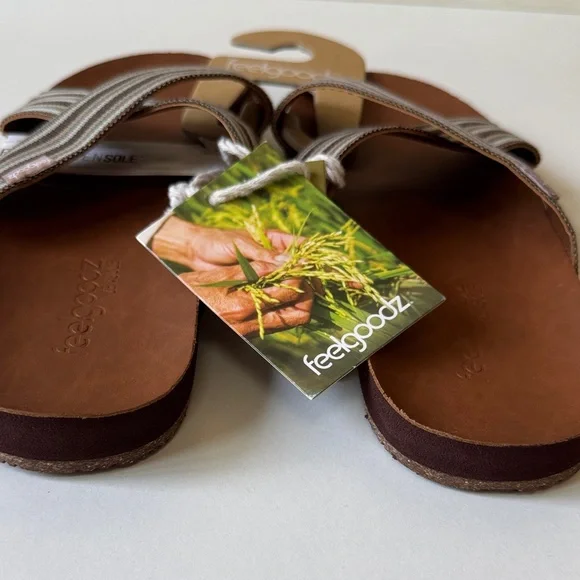 NEW Feelgoodz Brown Striped Sandals women’s Size 9 - Picture 6 of 6